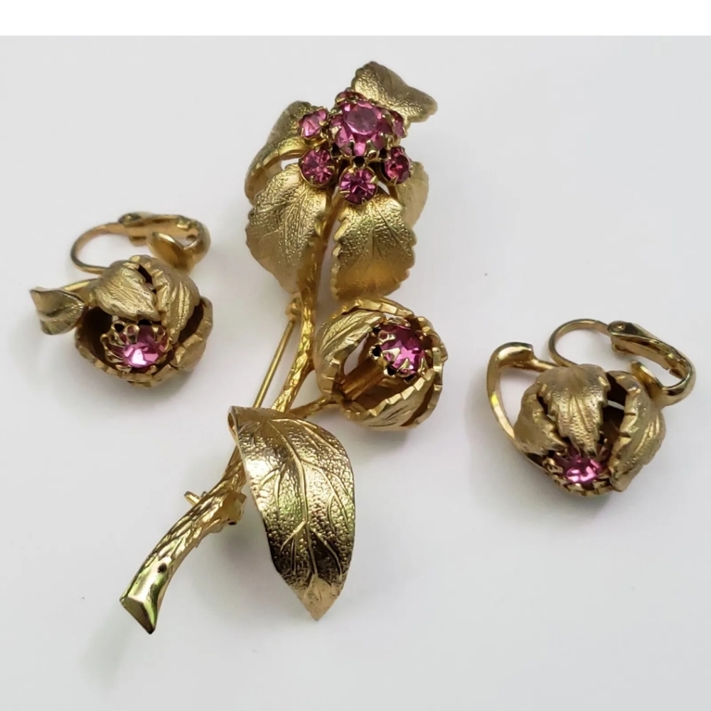 Gold With Pink Rhinestones Brooch And Clip On Earring Set